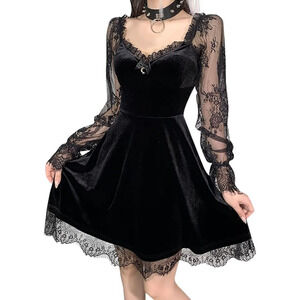 Women's Whimsigoth Velvet Lace Dress Dark Whimsical Witchy Grunge Fairy Med NWT